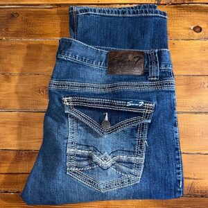 Seven7 Straight Jeans Mens 38x34 (Fits 38x32) Blue Thick Stitch Flap Pocket